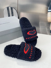 BALENCIAGA 25S FLAT SLIPPERS IN BLACK MIX RED WOOL