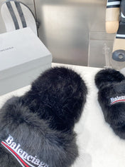 BALENCIAGA 25S FUR SLIPPERS IN BLACK FAUX SHEARLING