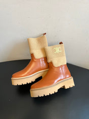 CELINE 26S ANKLE BOOTS 60 MM IN ORANGE BROWN CALFSKIN AND BEIGE WOOL