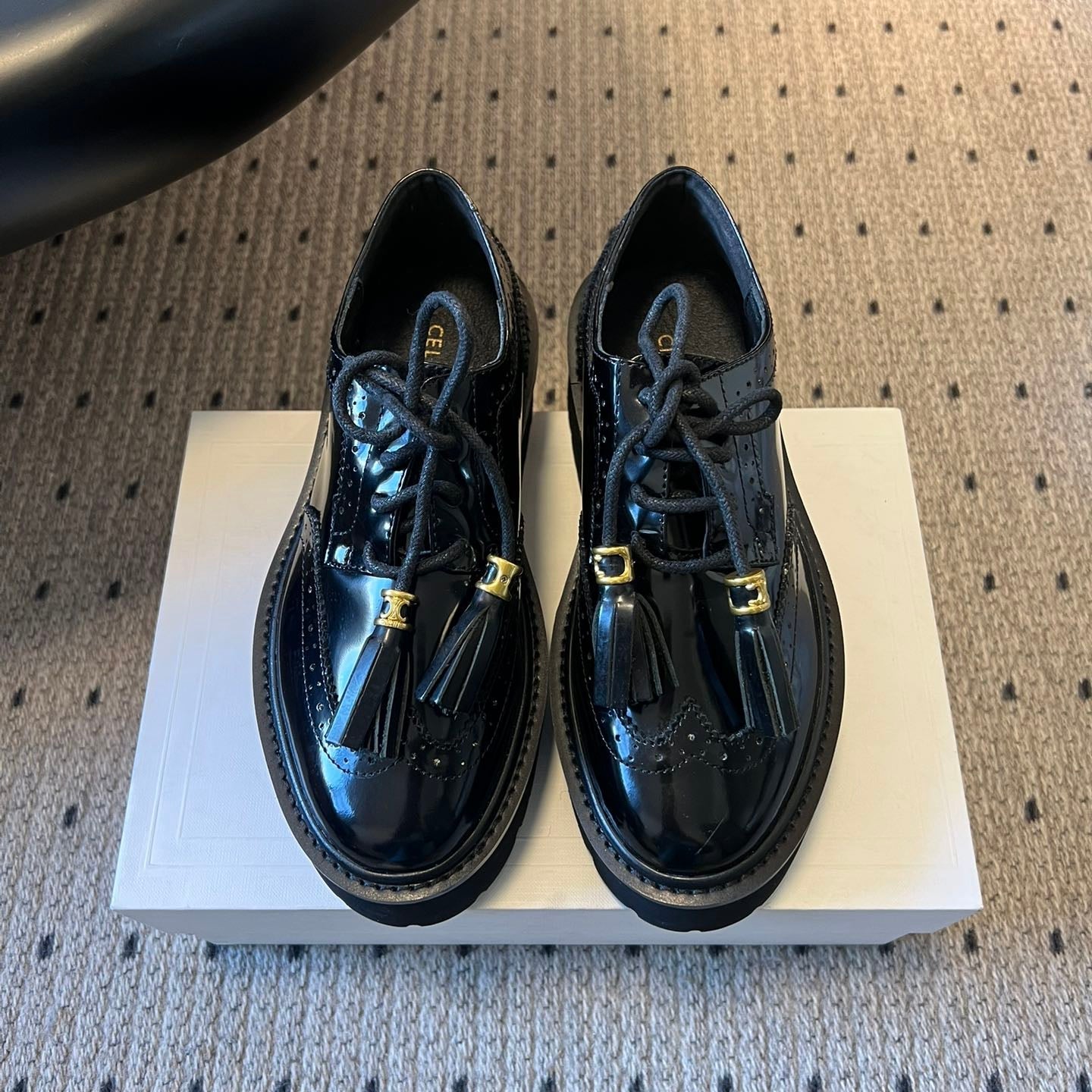 CELINE 26S SAINTNJORD TASSEL LOAFER 50 MM IN BLACK CALFSKIN