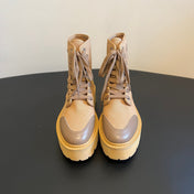 CELINE 26S BULKY LACE-UP BOOTS 45 MM IN SAND BEIGE CANVAS AND CALFSKIN