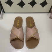 CHANEL 26S SANDALS IN TAUPE PINK CALFSKIN WITH DOUBLE C CHAIN DETAIL
