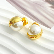 MIUMIU 26S PEARL BALL LOGO STUD EARRINGS IN GOLD TONE METAL 621512