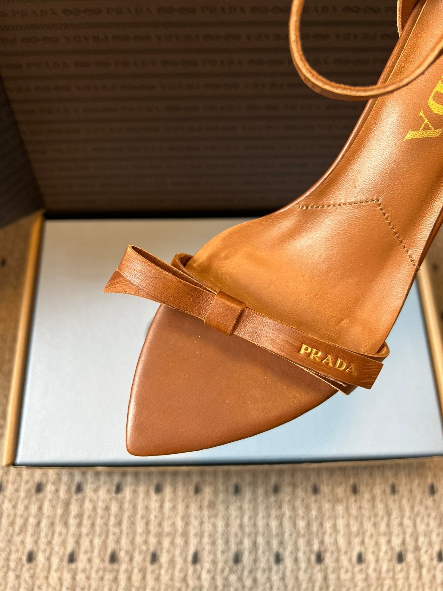 PRADA 26S POINTED-TOE STRAPPY HIGH-HEEL SANDALS 60MM IN CARAMEL BROWN CALFSKIN