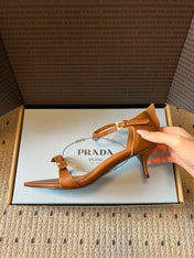 PRADA 26S POINTED-TOE STRAPPY HIGH-HEEL SANDALS 60MM IN CARAMEL BROWN CALFSKIN