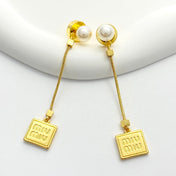 MIUMIU 26S PEARL BAR DROP LOGO EARRINGS IN GOLD TONE METAL 629846