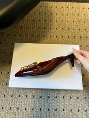 BALMAIN 26S GOLD CHAIN HIGH HEEL MULES 45 MM IN DARK RED PATENT CALFSKIN