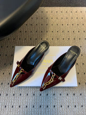 BALMAIN 26S GOLD CHAIN HIGH HEEL MULES 45 MM IN DARK RED PATENT CALFSKIN