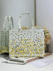 DIOR 26S BOOK TOTE BAG 36 IN WHITE FLORAL EMBROIDERY BAYADERE FABRIC