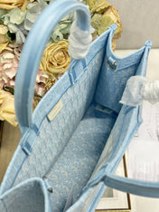 DIOR 26S BOOK TOTE BAG 36 IN BLUE AND WHITE LACE BAYADERE FABRIC