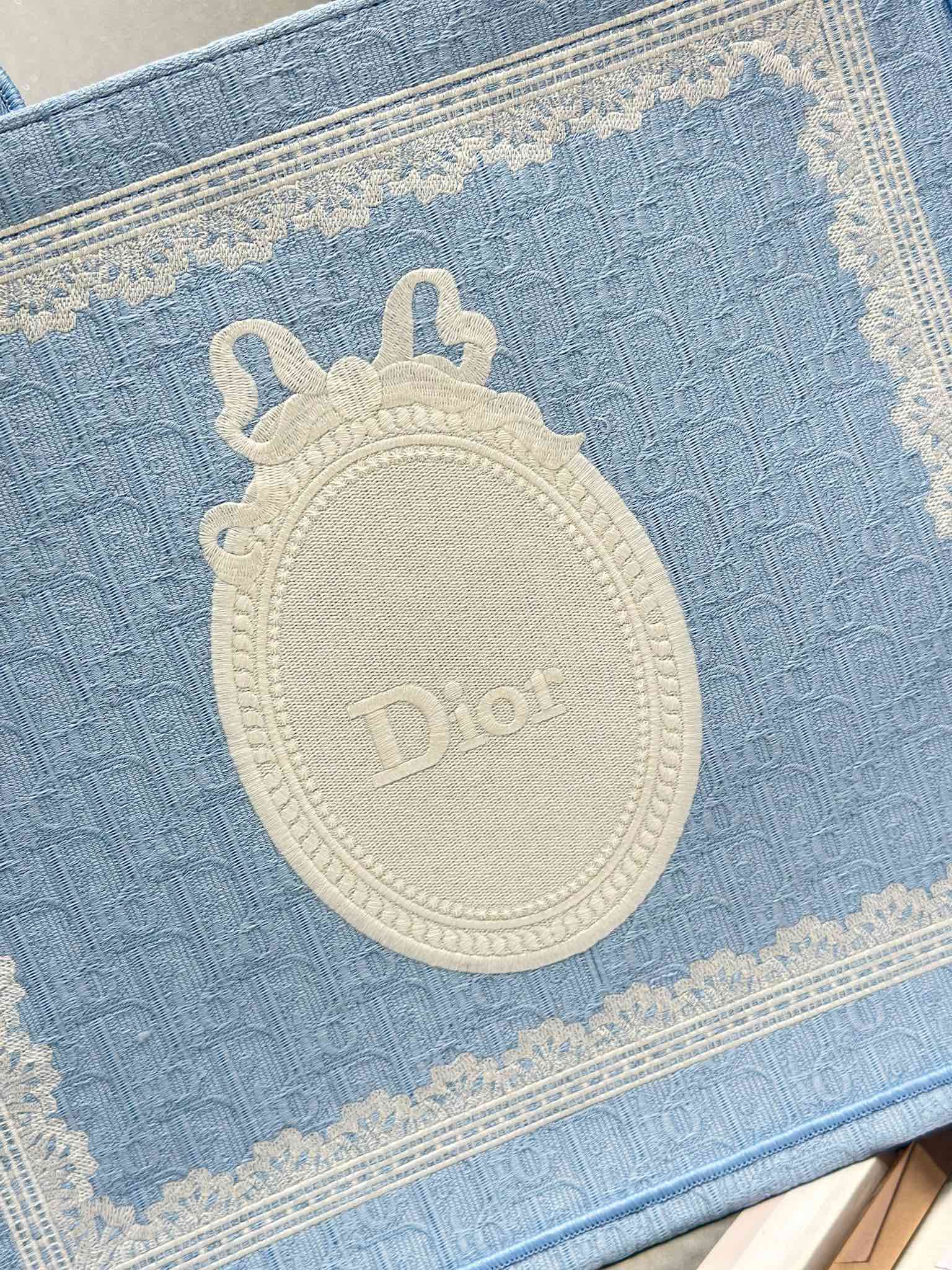 DIOR 26S BOOK TOTE BAG 42 IN BLUE AND WHITE LACE BAYADERE FABRIC