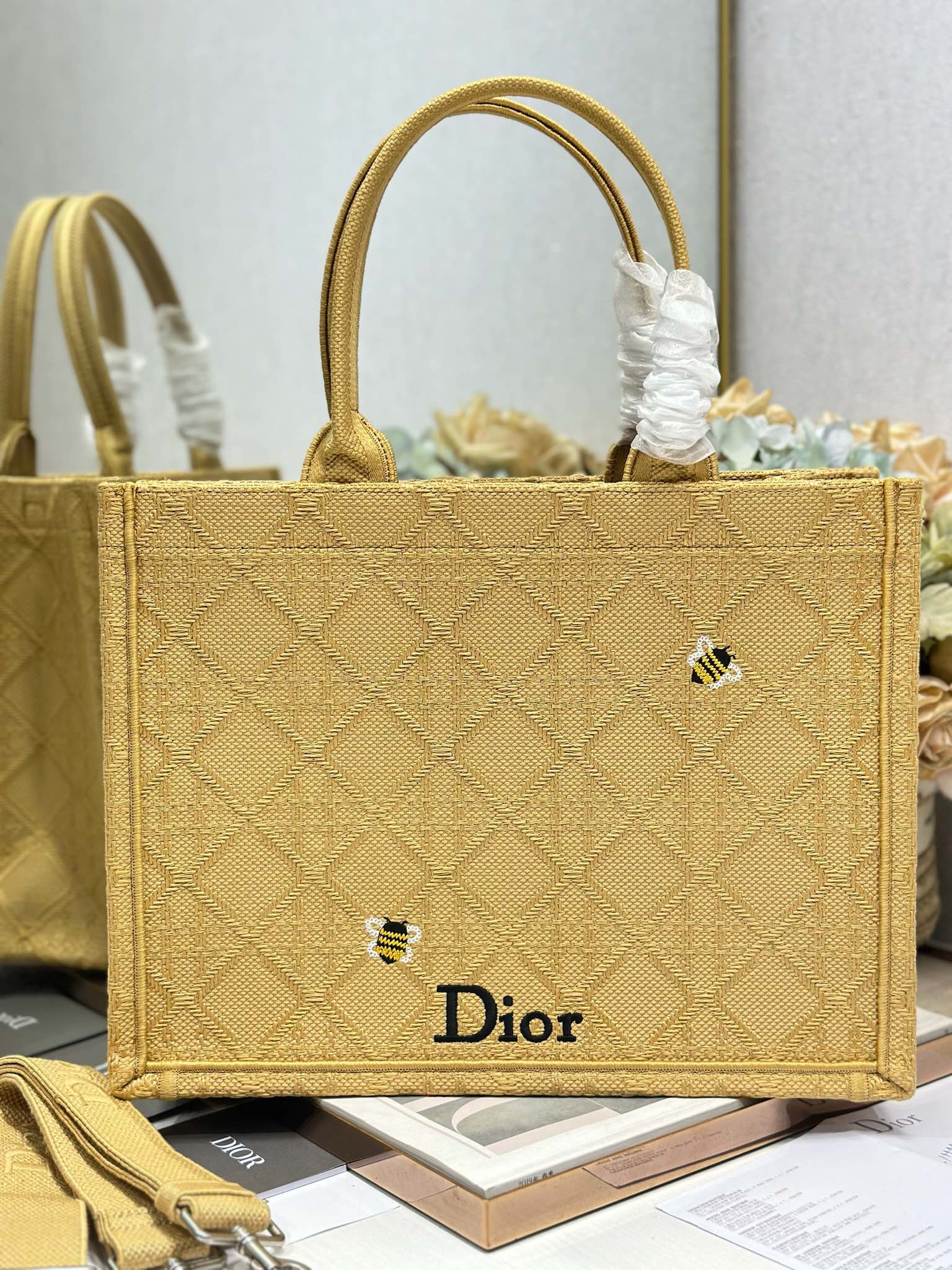 DIOR 26S BOOK TOTE BAG 36 IN BEIGE BAYADERE FABRIC D-STRIPES EMBROIDERY
