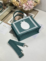 DIOR 26S BOOK TOTE BAG 26 IN TEAL GREEN AND WHITE BAYADERE FABRIC