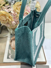 DIOR 26S BOOK TOTE BAG 26 IN TEAL GREEN AND WHITE BAYADERE FABRIC
