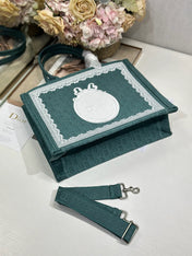 DIOR 26S BOOK TOTE BAG 36 IN TEAL GREEN AND WHITE BAYADERE FABRIC