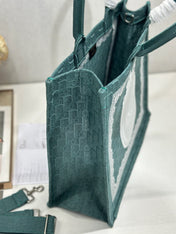 DIOR 26S BOOK TOTE BAG 42 IN TEAL GREEN AND WHITE BAYADERE FABRIC