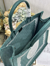 DIOR 26S BOOK TOTE BAG 42 IN TEAL GREEN AND WHITE BAYADERE FABRIC