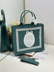 DIOR 26S BOOK TOTE BAG 42 IN TEAL GREEN AND WHITE BAYADERE FABRIC