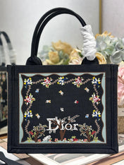 DIOR 26S BOOK TOTE BAG 26 IN BLACK PATTERNED BAYADERE FABRIC