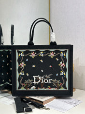 DIOR 26S BOOK TOTE BAG 42 IN BLACK PATTERNED BAYADERE FABRIC