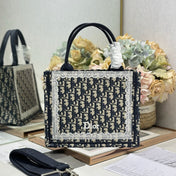 DIOR 26S BOOK TOTE BAG 26 IN NAVY BLUE AND BEIGE OBLIQUE FABRIC