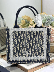 DIOR 26S BOOK TOTE BAG 26 IN NAVY BLUE AND BEIGE OBLIQUE FABRIC