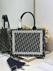 DIOR 26S BOOK TOTE BAG 36 IN NAVY BLUE AND BEIGE OBLIQUE FABRIC