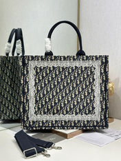 DIOR 26S BOOK TOTE BAG 42 IN NAVY BLUE AND BEIGE OBLIQUE FABRIC