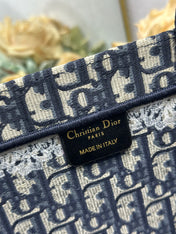 DIOR 26S BOOK TOTE BAG 42 IN NAVY BLUE AND BEIGE OBLIQUE FABRIC