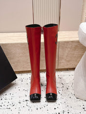 CHANEL 26S KNEE HIGH BOOTS 70 MM IN RED CALFSKIN AND BLACK PATENT