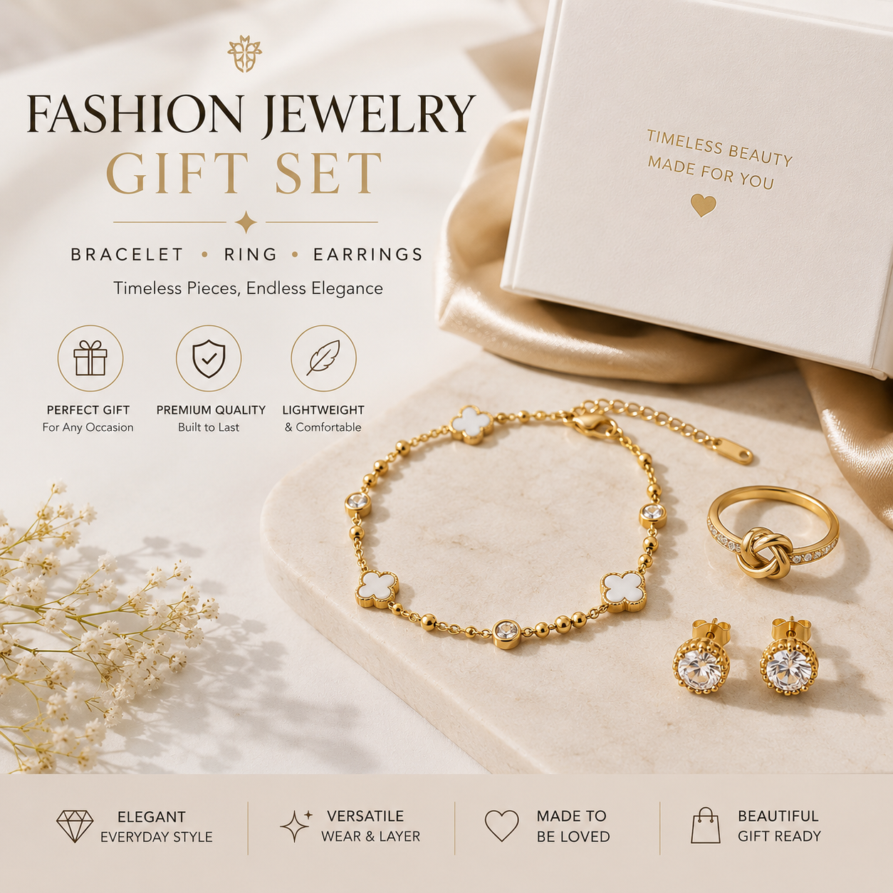 3-Piece Fashion Jewelry Set: Bracelet, Ring & Earrings