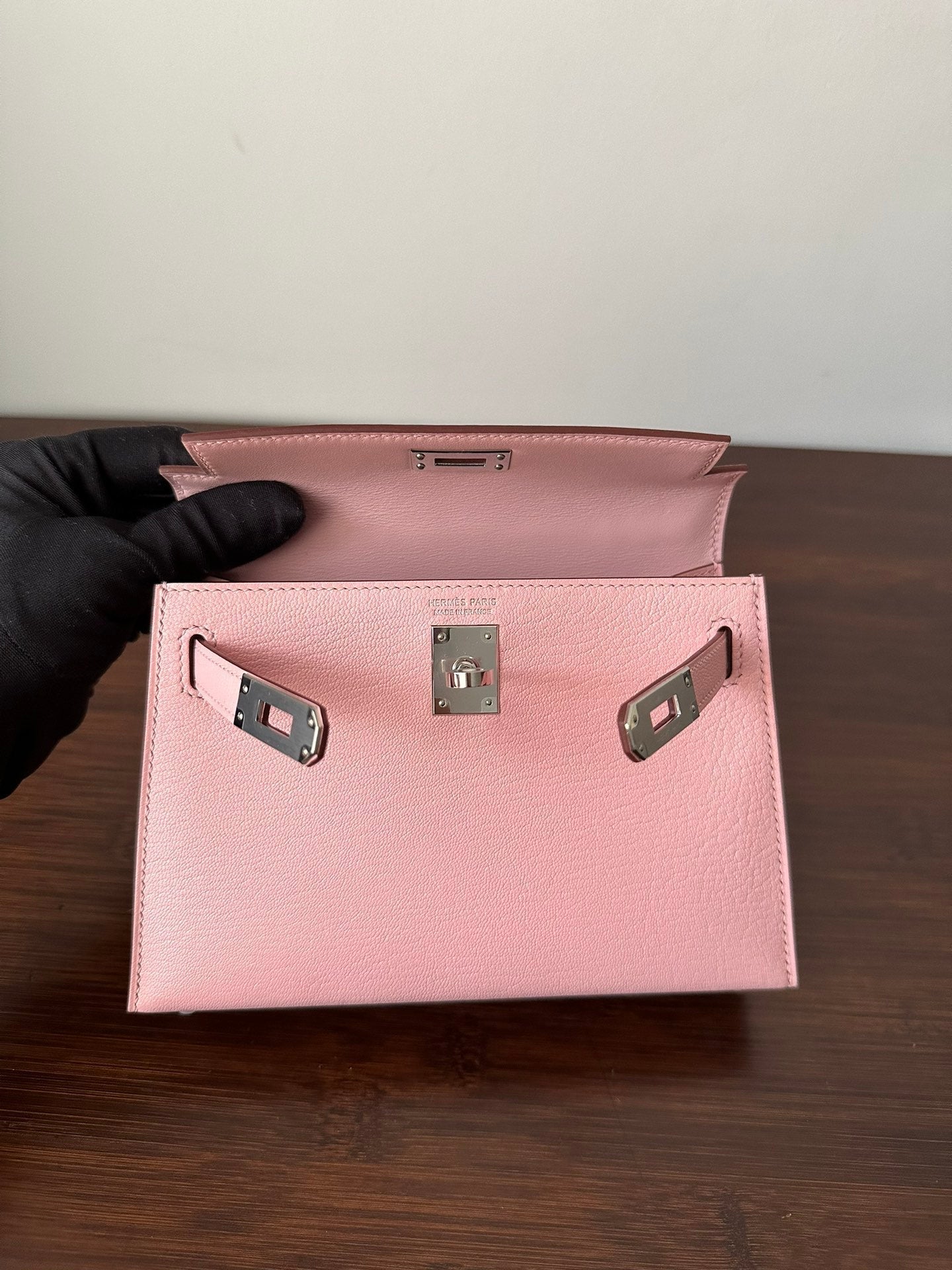 HM KELLY MINI 19 PINK CHEVRE SILVER HARDWARE