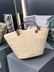 MEDIUM ANAGRAM BASKET BAG 46 IN BEIGE IRACA PALM AND TAN CALFSKIN