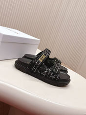 DIORACT SANDALS IN BLACK TWEED WITH GOLD LOGO BUCKLE