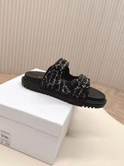 DIORACT SANDALS IN BLACK TWEED WITH GOLD LOGO BUCKLE