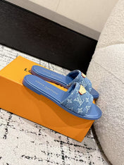 LV FLAT MULES BLUE IN BLUE DENIM GOLD-TONE PLAQUE