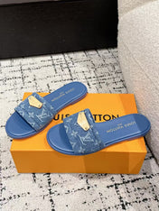 LV FLAT MULES BLUE IN BLUE DENIM GOLD-TONE PLAQUE
