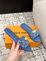 LV FLAT MULES BLUE IN BLUE DENIM GOLD-TONE PLAQUE