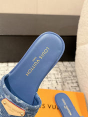 LV FLAT MULES BLUE IN BLUE DENIM GOLD-TONE PLAQUE