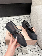 MM BALLET FLATS IN BLACK MESH AND LEATHER