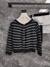 CC NAUTICAL CARDIGAN IN BLACK AND WHITE COTTON KNIT WITH STRIPED DESIGN WITH CC BUTTONS