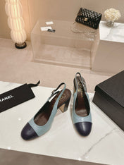 CC SLINGBACK PUMPS IN BLUE AND BLACK CALFSKIN
