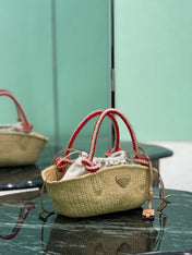 PRA HANDBAG 26 IN BEIGE RAFFIA AND RED WOVEN HANDLES