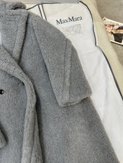 MAX MARA LONG COAT IN LIGHT GREY WOOL WITH CRYSTAL CHARM