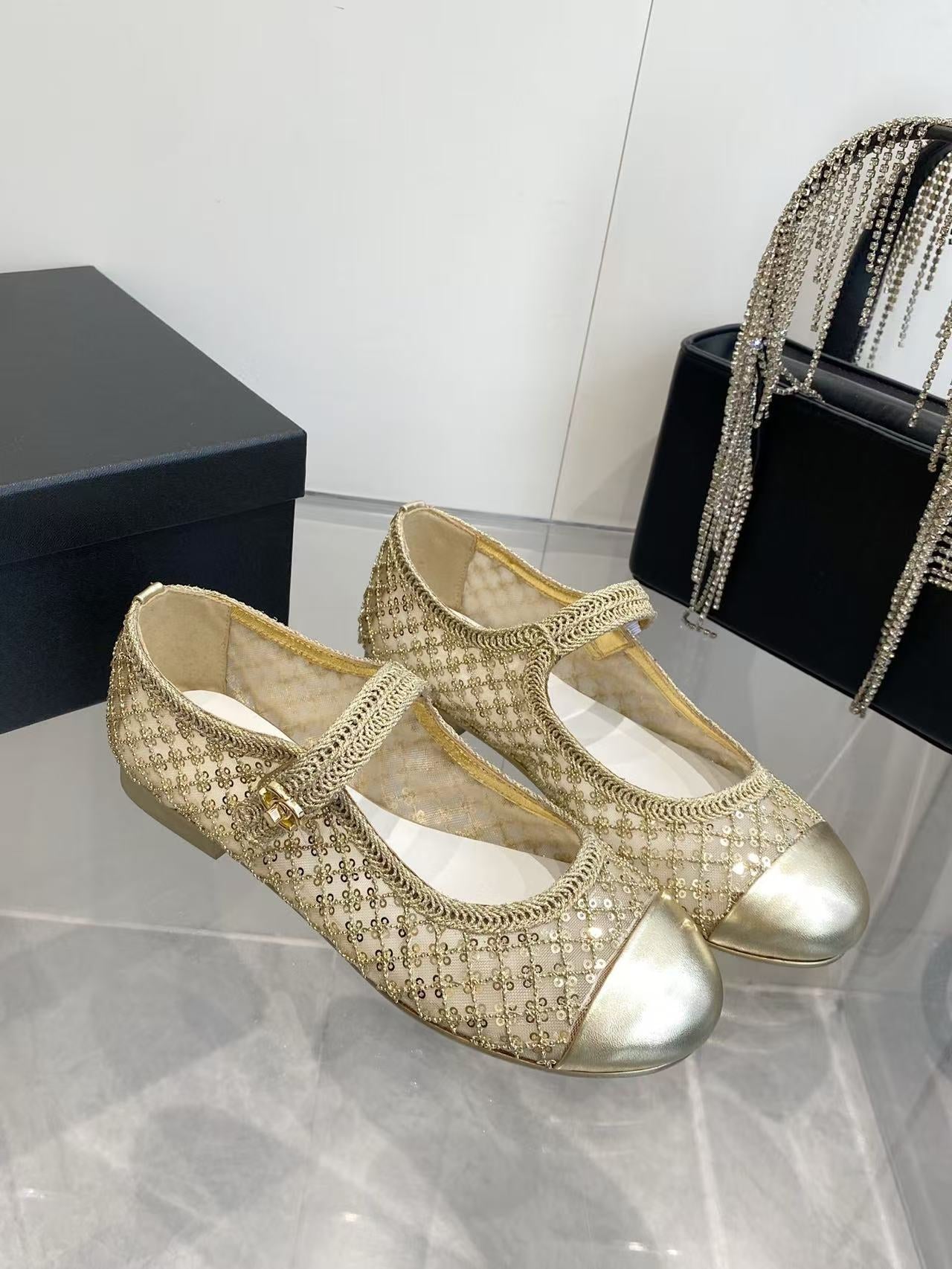 CHANEL 26S MARY JANE IN GOLD SEQUIN