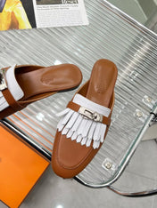 OZ MULE CARAMEL MIX FRINGED WHITE CALFSKIN
