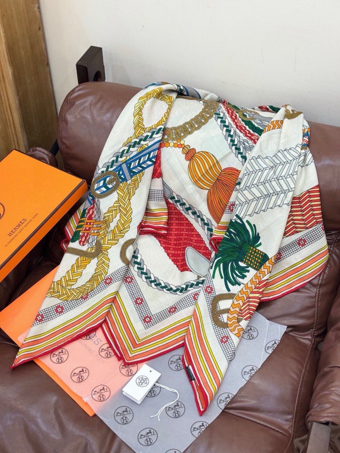 HERMES 26S PRINTED SQUARE SCARF 135 IN CASHMERE AND SILK 307246