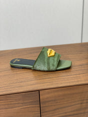 BALMAIN 26S LIP-EMBELLISHED SLIDES IN OLIVE GREEN PONY HAIR WITH GOLD HARDWARE