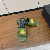 BALMAIN 26S LIP-EMBELLISHED SLIDES IN OLIVE GREEN PONY HAIR WITH GOLD HARDWARE