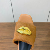 BALMAIN 26S LIP-EMBELLISHED SLIDES IN LIGHT BROWN PONY HAIR WITH GOLD HARDWARE